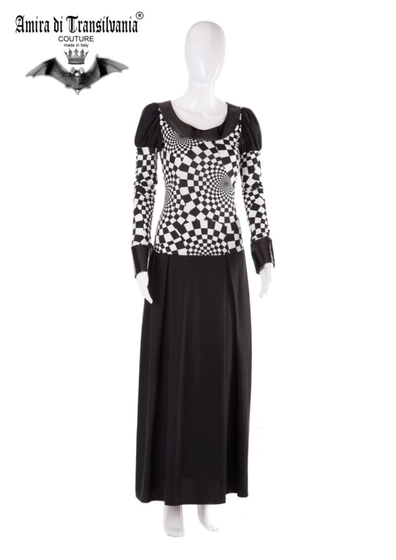 Abito couture stile collegiale con fantasia optical