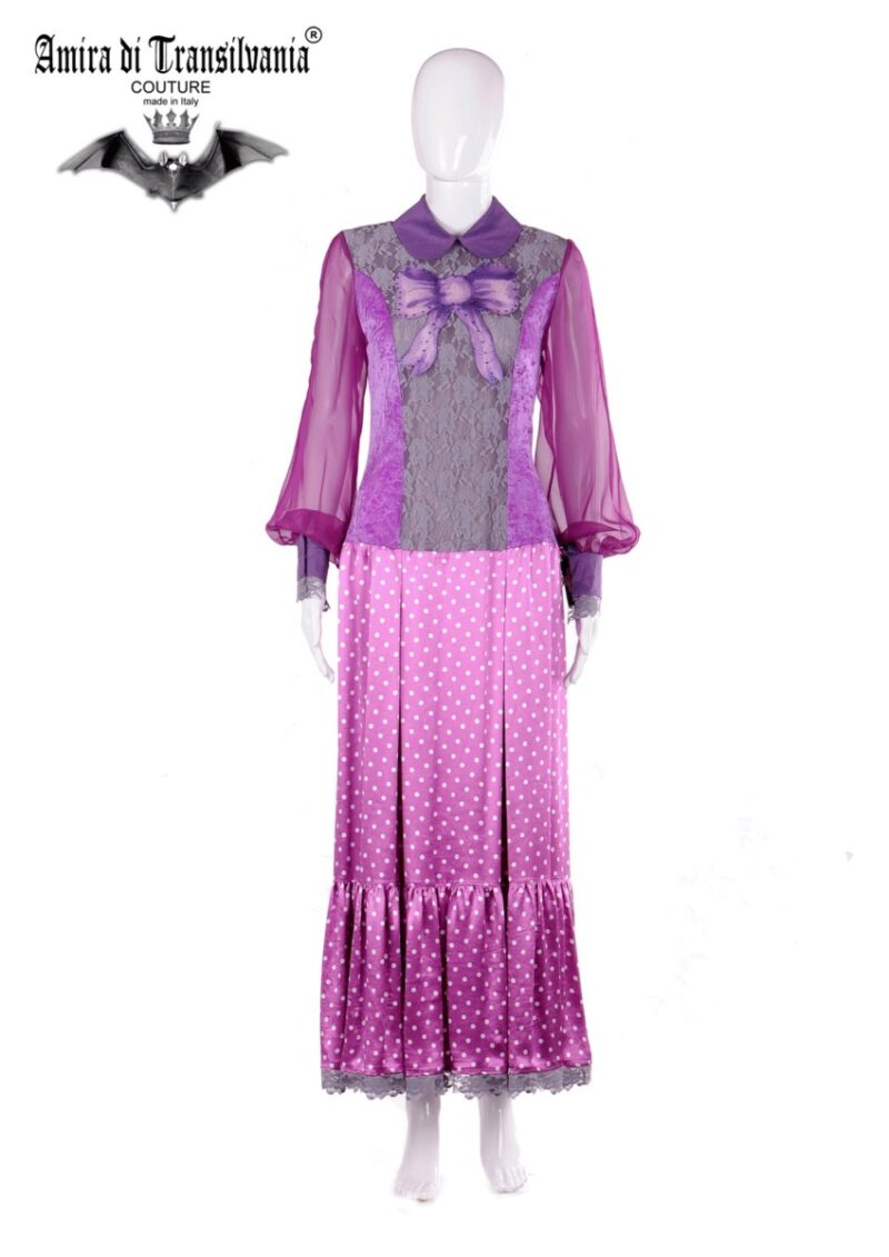 Abito couture viola con fiocco