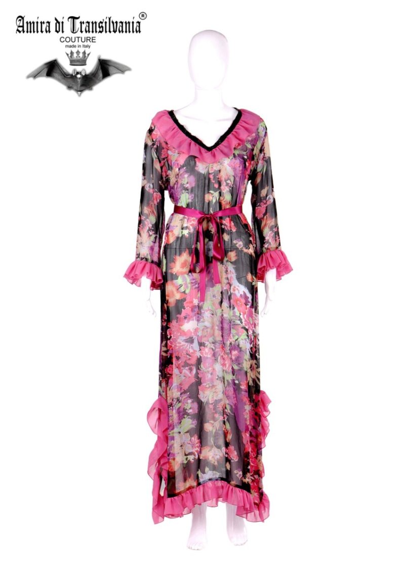 Abito couture in chiffon di seta fantasia floreale