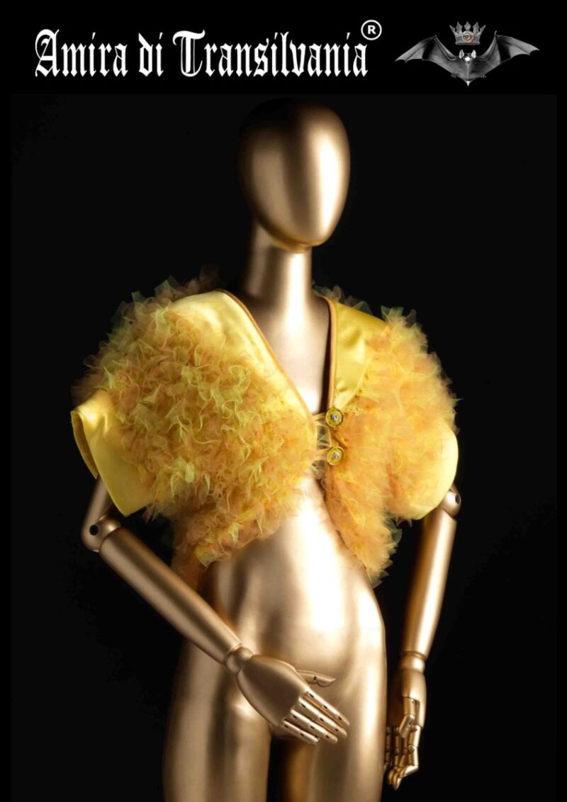 Pelliccia ecologica in nodi di tulle giallo